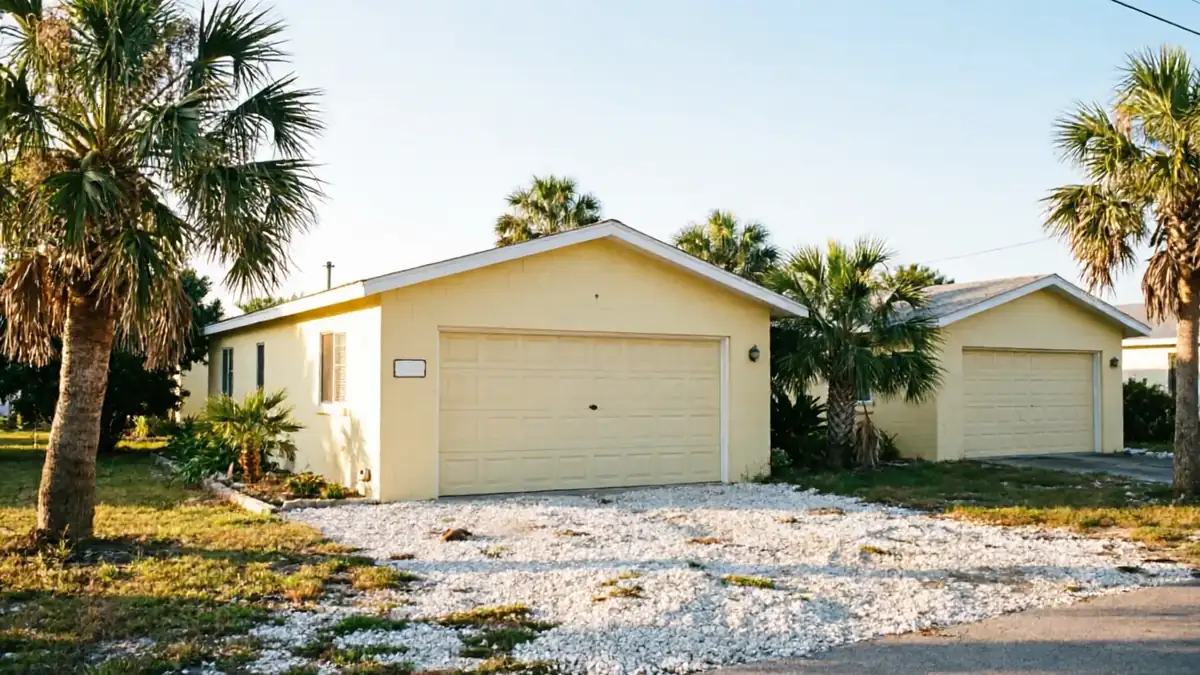 Two yellow houses with tan garage doors and palm trees in front.