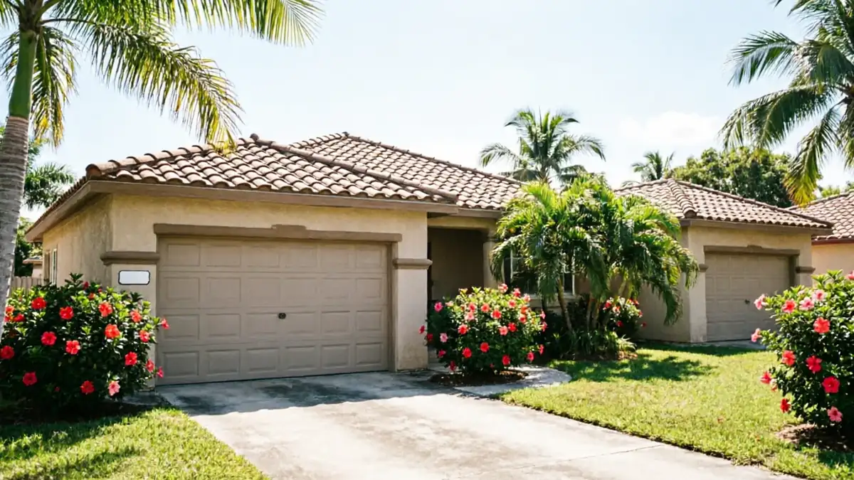 A house with two beige garage doors, palm trees, and red flowering bushes.