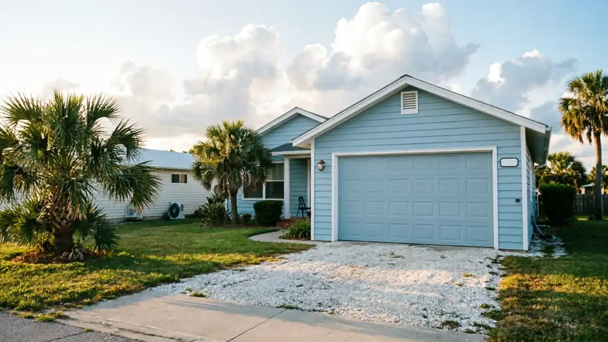 A light blue house has a matching garage door and a white gravel driveway.