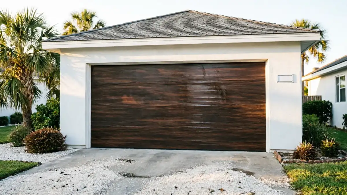 A white house has a dark brown garage door with a concrete driveway.