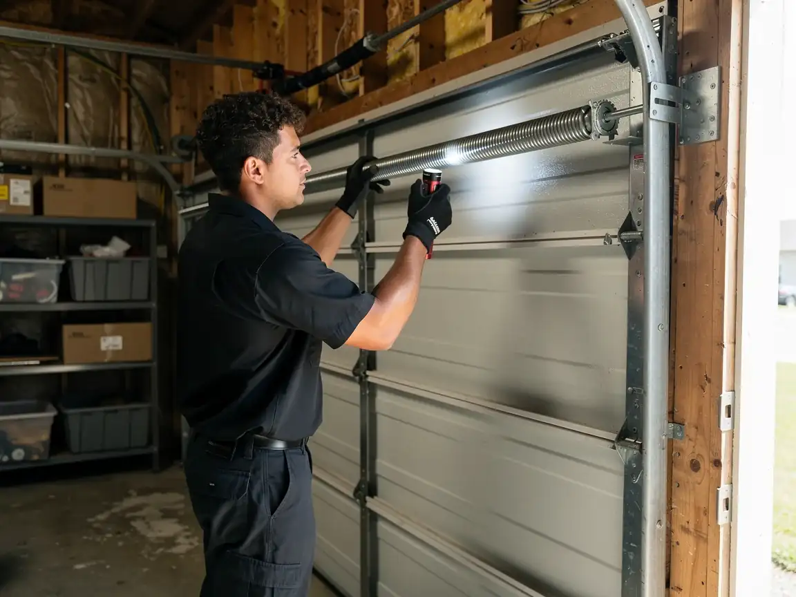 A technician inspects a garage door torsion spring with a flashlight.