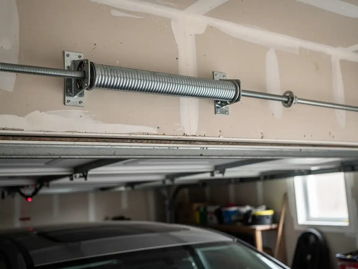 A garage door torsion spring is mounted above an open garage door.
