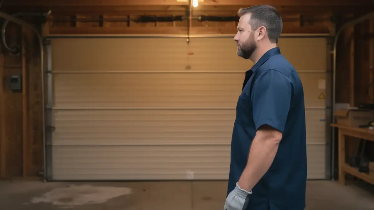 A technician in a blue shirt and gray gloves stands in front of a closed garage door.
