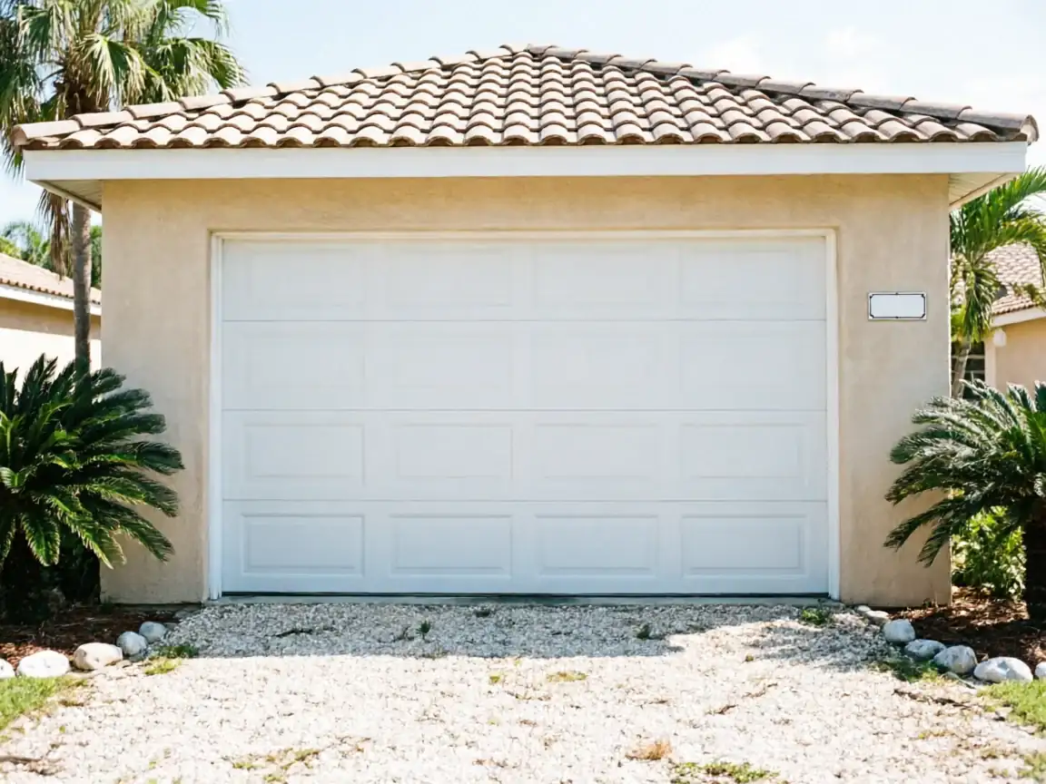 A white garage door is on a stucco garage with a tiled roof.