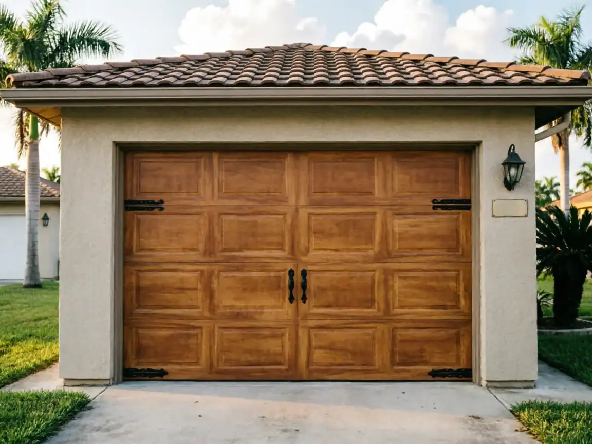 A brown wooden garage door with decorative black hardware is on a stucco house.